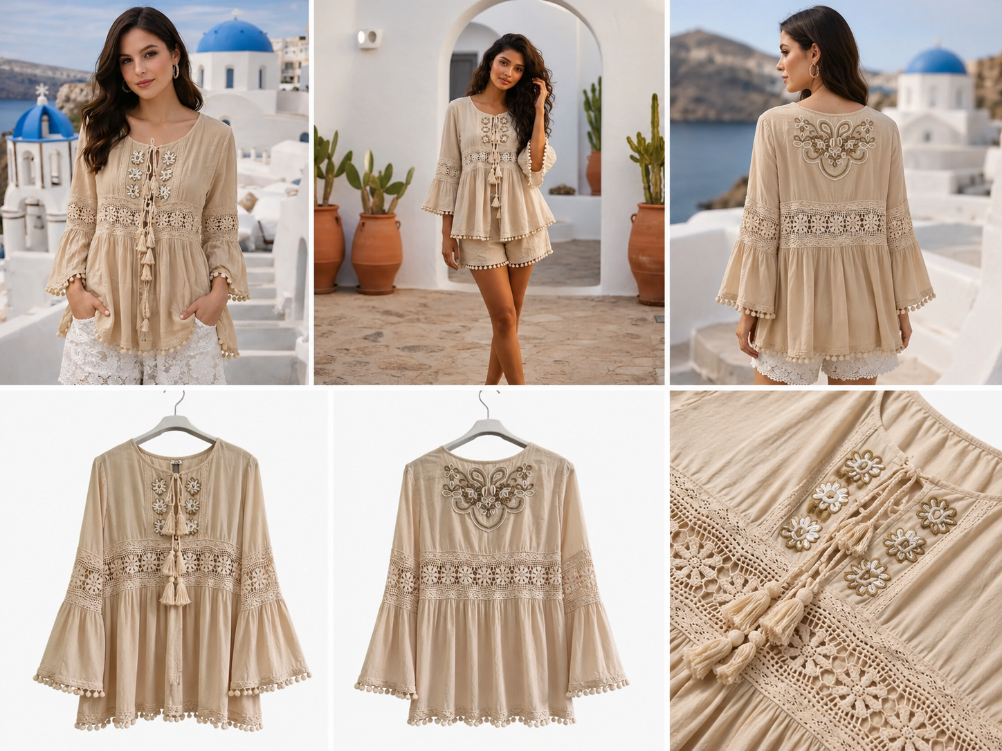 Boho Jakke i Bomuld med Blonder og Broderi - Vanilla, str. Medium/Large - Billede 2