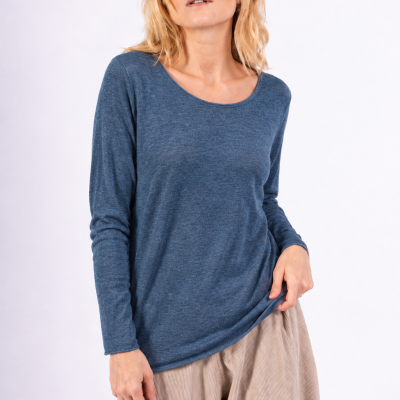 Blød langærmet T-shirt i uld og angora, Navy - one size