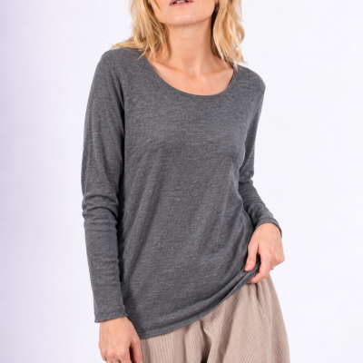 Blød langærmet T-shirt i uld og angora, Grafit - one size