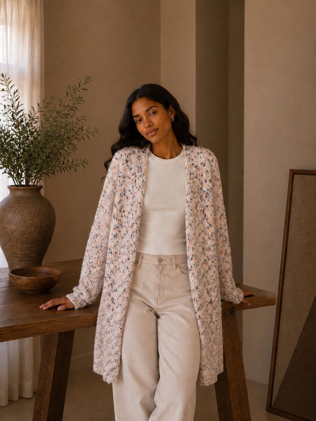 Lang strikcardigan i Pudder/Creme - one size - Billede 3