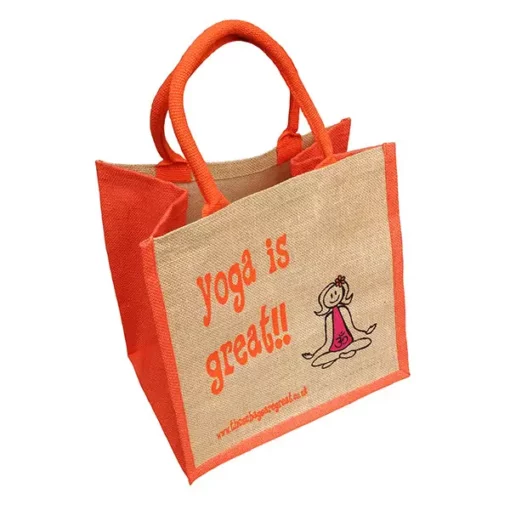 Indkøbstaske i jute med Yoga print