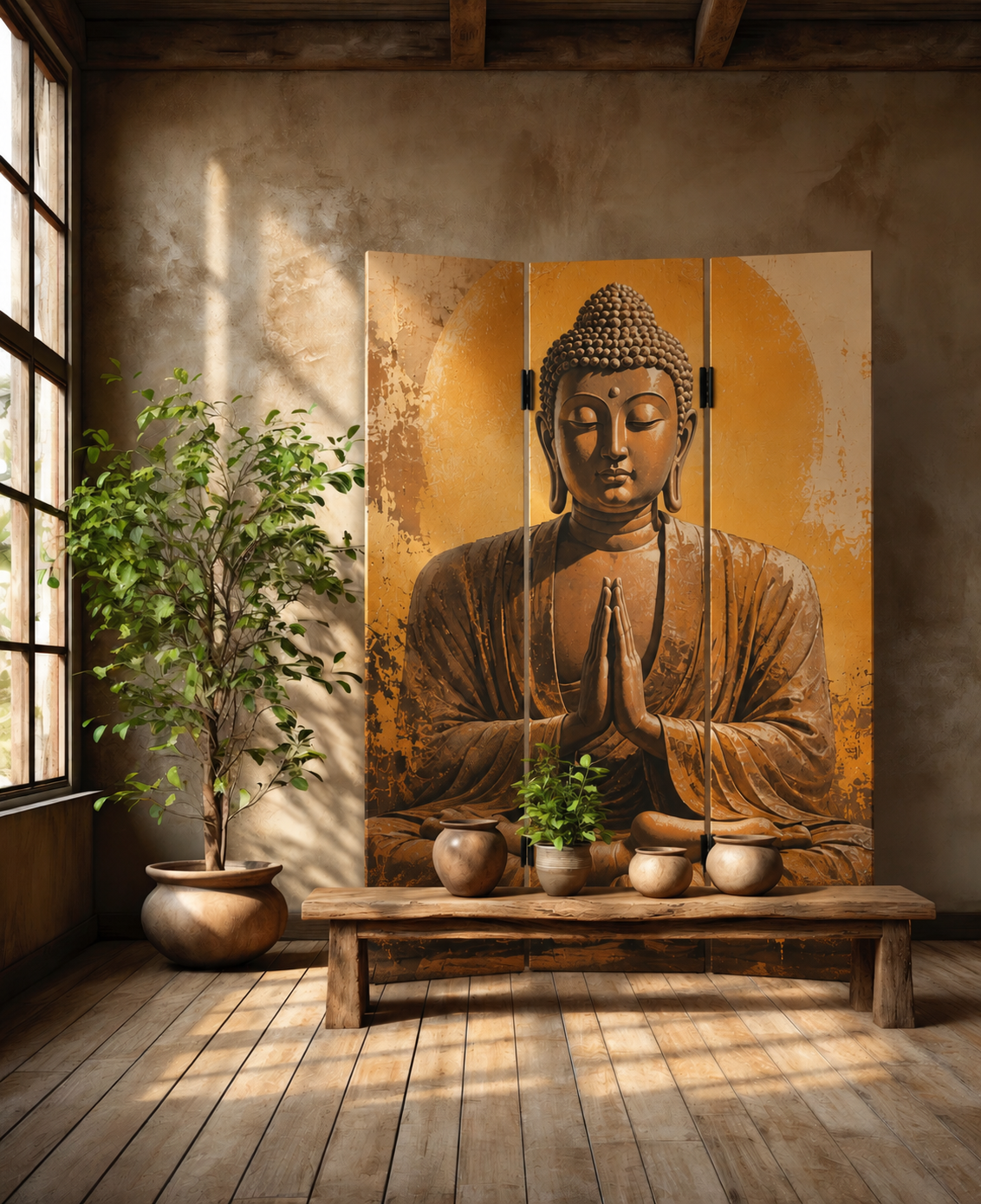 Buddha skærmvæg i antik guld - 120 × 180 × 2 cm - Billede 3