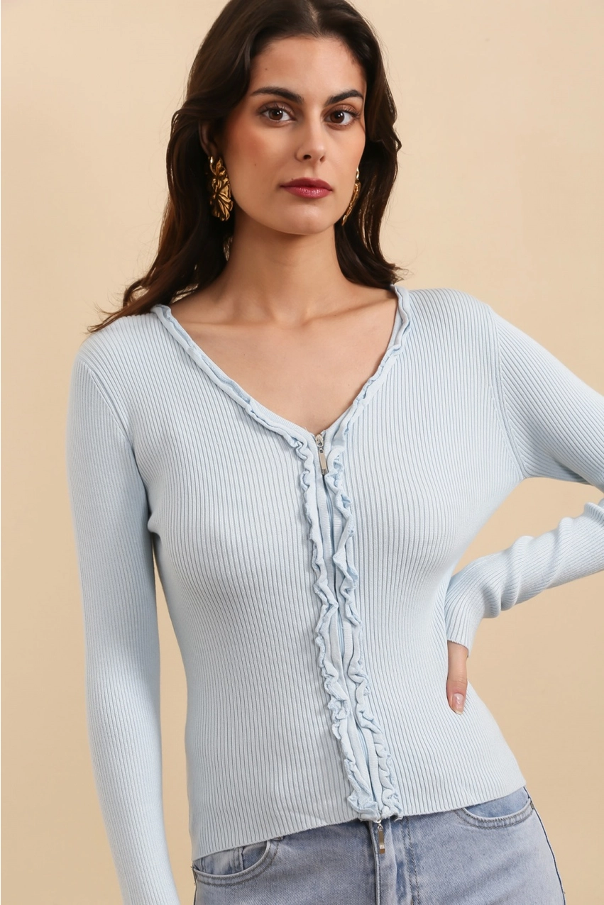 Himmelblå cardigan med lynlås - one size - Billede 3