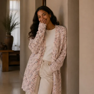 Lang strikcardigan i Pudder/Creme - one size