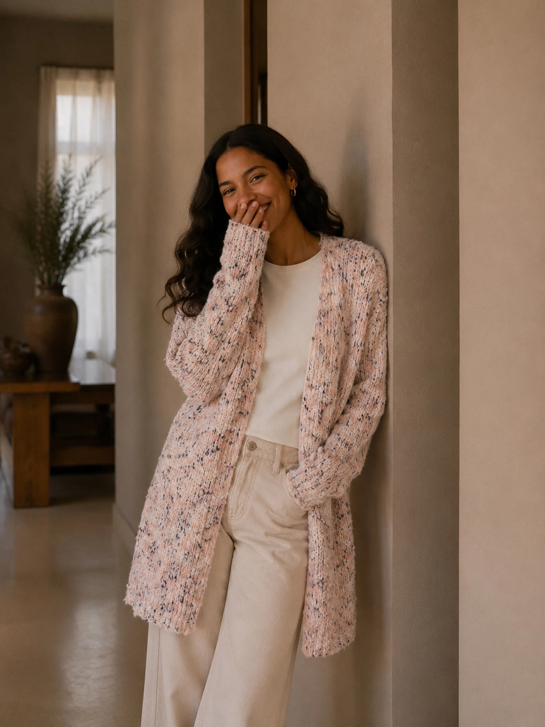 Lang strikcardigan i Pudder/Creme - one size