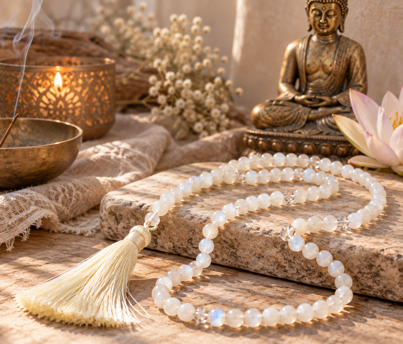 Buddhistisk Japa Mala i månesten - 108 perler - Billede 4