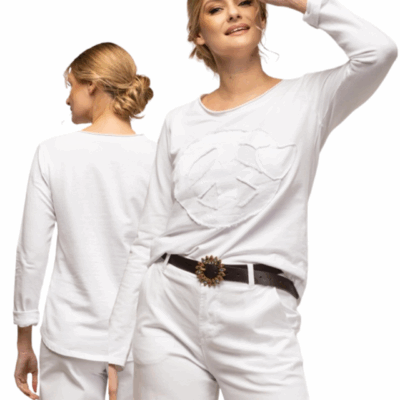 Hvid langærmet bluse med fredssymbol str. S