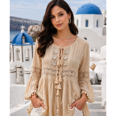 Boho Jakke i Bomuld med Blonder og Broderi - Vanilla, str. Medium/Large
