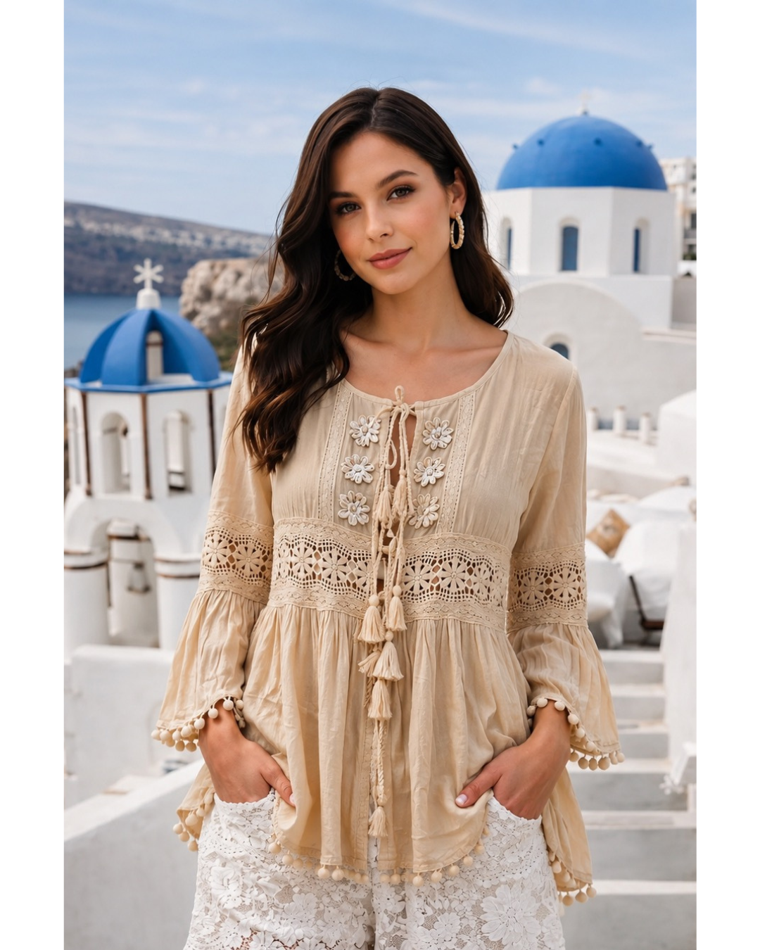 Boho Jakke i Bomuld med Blonder og Broderi - Vanilla, str. Medium/Large