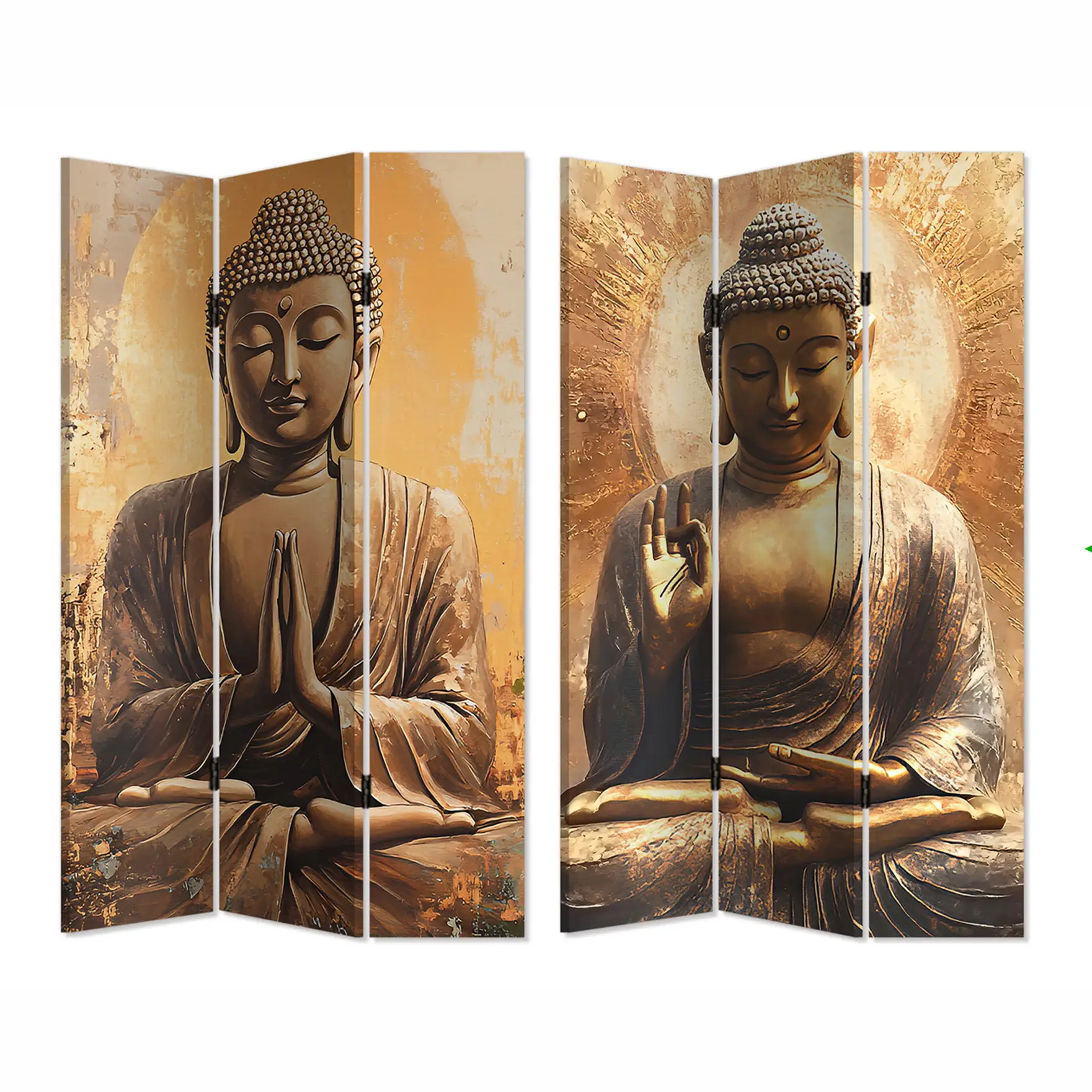 Buddha skærmvæg i antik guld - 120 × 180 × 2 cm