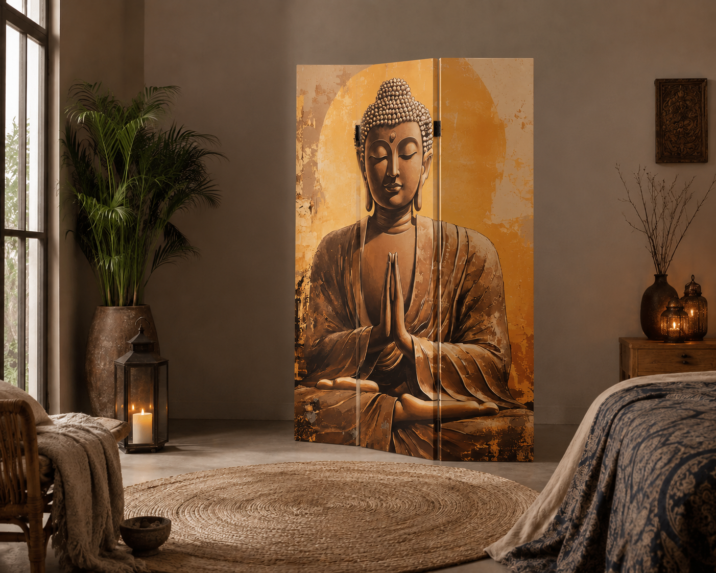 Buddha skærmvæg i antik guld - 120 × 180 × 2 cm - Billede 2
