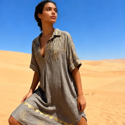 Skjortekjole - dusty stone med gulddetaljer – one size