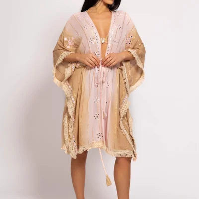 Boho kimono med broderi rosa og beige - one size